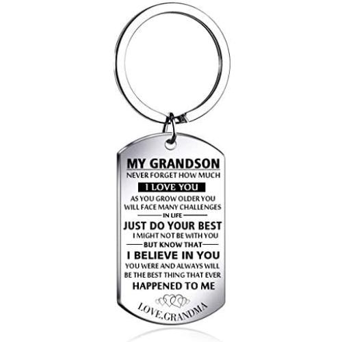 Meaningful dog tag keychain rings for boy and men,to my grandson from grandma silver plated plated Stainless steel keychain Inspirational Gifts for grandson Jewelry