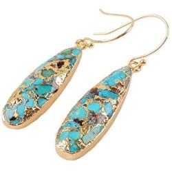 ZENGORI 1 Pair Long Teardrop Natural Turquoise with Line Fish Hook Drop Dangle Earrings
