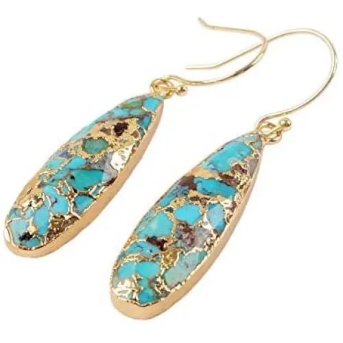 ZENGORI 1 Pair Long Teardrop Natural Turquoise with Line Fish Hook Drop Dangle Earrings ZENGORI 1 Pair Long Teardrop Natural Turquoise with Line Fish Hook Drop Dangle Earrings