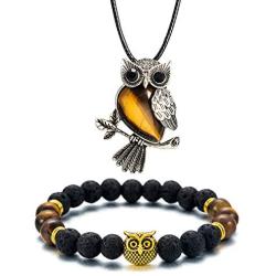 Softones Owl Necklace Healing Crystals Necklace for Women Men Reiki Spiritual Energy Gemstone Necklace Lava Owl Bracelet Set Gifts for Women with Gift Box