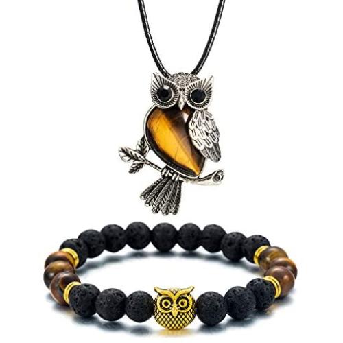Softones Owl Necklace Healing Crystals Necklace for Women Men Reiki Spiritual Energy Gemstone Necklace Lava Owl Bracelet Set Gifts for Women with Gift Box