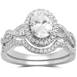 Jewelili Sterling Silver Cubic Zirconia Oval and Round-Cut Halo Bridal Set