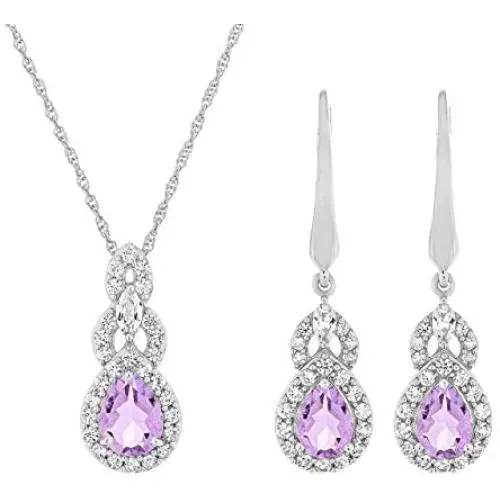 .925 Sterling Silver, Pear Cut Rose de France & Created White Sapphire Teardrop 18'' Pendant Necklace and Dangle Earring June Birthstone Jewelry Set .925 Sterling Silver, Pear Cut Rose de France & Created White Sapphire Teardrop 18'' Pendant Necklace and Dangle Earring June Birthstone Jewelry Set