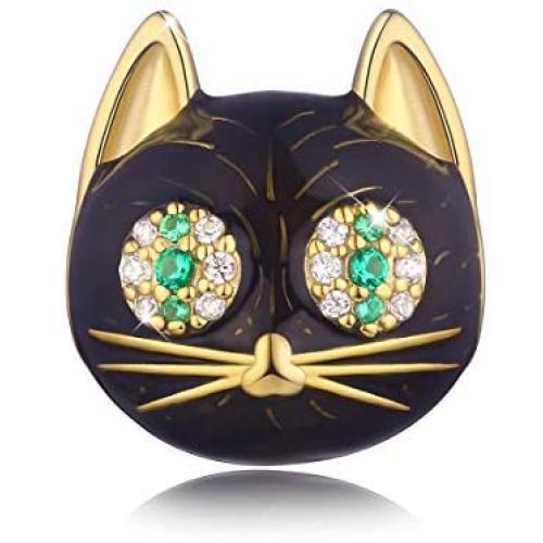FOREVER QUEEN Black Cat Charm in 925 Sterling Silver with Black Enamel& 5A Zircon for Pandora Bracelet Necklace, Animal Head Bead Charm- Your Lucky Cat Women Men Girls Boys Gifts