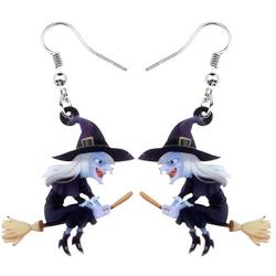 NEWEI Acrylic Animal Sweet Halloween Broomstick Witch Earrings Drop Dangle Fashion Jewelry for Women Girls Teens Gift Charms