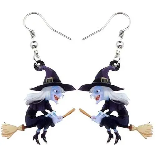 NEWEI Acrylic Animal Sweet Halloween Broomstick Witch Earrings Drop Dangle Fashion Jewelry for Women Girls Teens Gift Charms