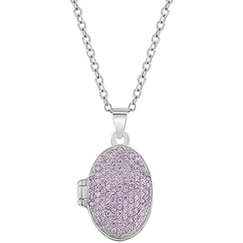 In Season Jewelry 925 Sterling Silver Cubic Zirconia Pink Locket for Girls Oval Photo Necklace 16''