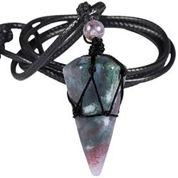 SUNYIK Hexagonal Crystal Point Pendant Necklace for Women Men, Handmade 6 Faceted Healing Crystal Amulet Macrame Jewelry for Unisex, Adjustable