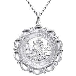 YL St Christopher Necklace Solid 925 Sterling Sliver Personalized Engraved Round Medallion Antiqued Religious Protector Talisman Pendant, Medal/Laced/Locket