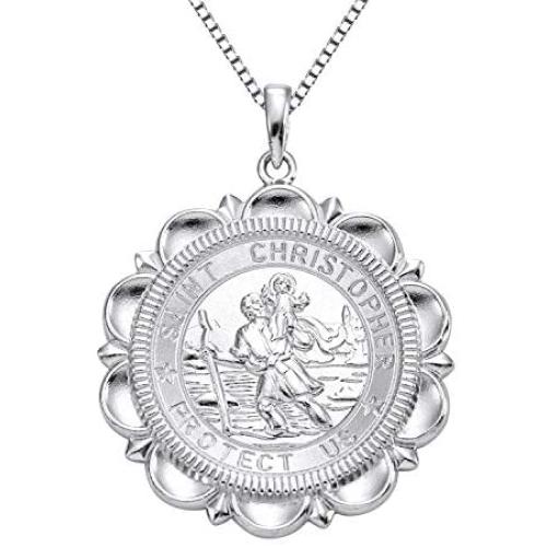 YL St Christopher Necklace Solid 925 Sterling Sliver Personalized Engraved Round Medallion Antiqued Religious Protector Talisman Pendant, Medal/Laced/Locket