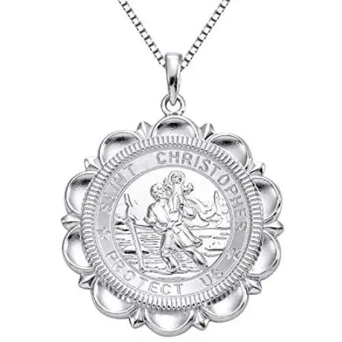 YL St Christopher Necklace Solid 925 Sterling Sliver Personalized Engraved Round Medallion Antiqued Religious Protector Talisman Pendant, Medal/Laced/Locket YL St Christopher Necklace Solid 925 Sterling Sliver Personalized Engraved Round Medallion Antiqued Religious Protector Talisman Pendant, Medal/Laced/Locket