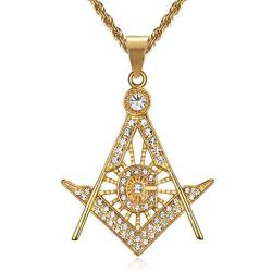 Lee Island Fashion 24K Gold Plated CZ Fully Iced-Out Freemason Pendant Stainless Steel Necklace, 24 inch Chain Jewelry
