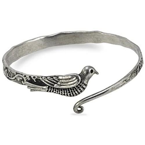 Culture Cross Thin Handmade Silver Bird Bangle Bracelet | Silver Rustic Bohemian VintagebHill Tribe Ethnic Tribal Jewelry for Women or Men