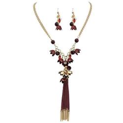 Bocar Long 2 Layer Chain Unique Flower Pendant Tassels Necklace Earrings Women Jewelry Set