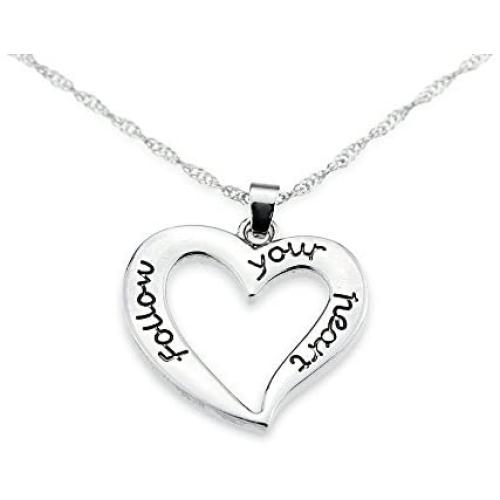 Silver Pendant Love Necklace Follow Your Heart - Jewelry Gift for Girlfriend/Daughter/BFF - Valentines Day Edition