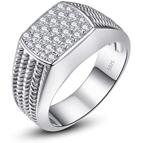 BONLAVIE 10MM Sterling Silver Mens Engagement Ring Twist Rope Round Cubic Zirconia Pave CZ Wedding Ring for Men