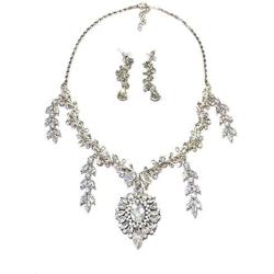Silver Tone Antique Art Deco Style Flapper Gatsby Rhinestone Statement Wedding Bridal Prom Necklace Earring Set