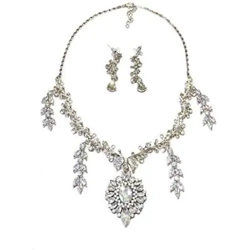 Silver Tone Antique Art Deco Style Flapper Gatsby Rhinestone Statement Wedding Bridal Prom Necklace Earring Set