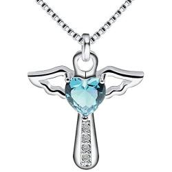 Birthstone Necklaces Cross Necklace for Women Girls Cubic Zirconia Angel Wing Birthstone Heart Charm Pendant Necklace Gifts for Valentine