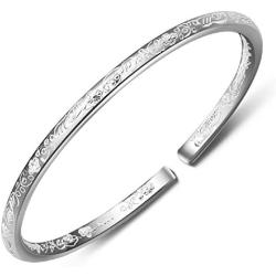 Merdia Womens 999 Solid Sterling Silver Flower Carved Bangle Cuff Bracelets 21g Weight for Wedding Gift