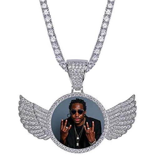 GUCY Personalized Custom Picture/Photo Pendant Necklace Women Men Iced Out Round Wings Heart Necklace Tennis Chain