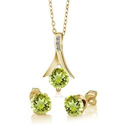 Gem Stone King 18K Yellow Gold Plated Silver Green Peridot and White Diamond Pendant and Earrings Jewelry Set (2.60 Cttw with 18 Inch Chain)