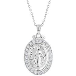 925 Sterling Silver Clear CZ Miraculous Virgin Mary Medal Pendant Necklace Ladies 19''