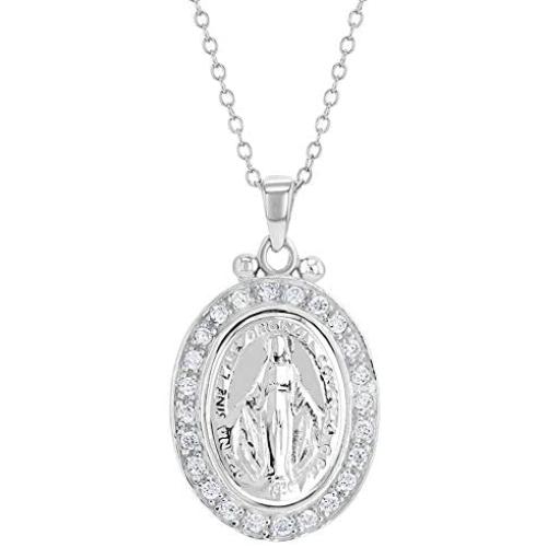 925 Sterling Silver Clear CZ Miraculous Virgin Mary Medal Pendant Necklace Ladies 19''