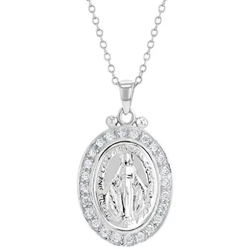 925 Sterling Silver Clear CZ Miraculous Virgin Mary Medal Pendant Necklace Ladies 19'' 925 Sterling Silver Clear CZ Miraculous Virgin Mary Medal Pendant Necklace Ladies 19''