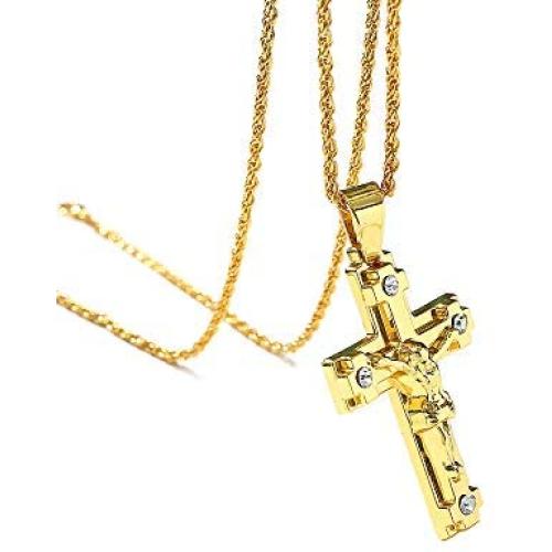 Cross Necklaces for Women Men,Iced Out Stainless Steel Jesus Necklaces Christian Catholic Gold Pendant, 20-24 Inches Chain
