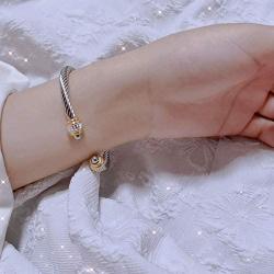 Winhime Birthstone Cable Bangle Bracelets for Women, Stainless Steel Twisted Cable Wire Bracelet for Teen Girls Designer Inspired Cuff Bracelet in Two Tone Silver Gold