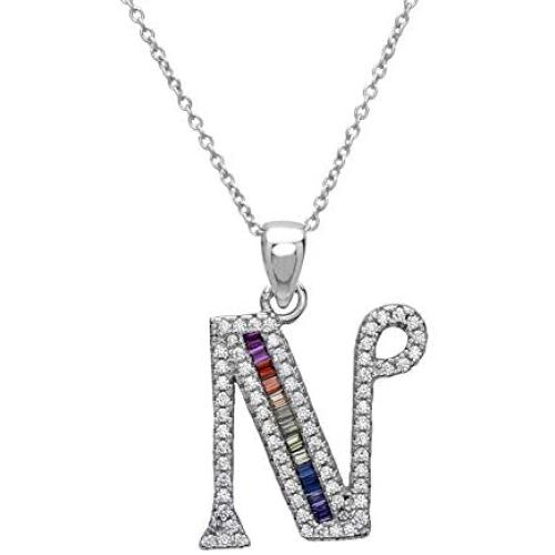 Pori Jewelers Sterling Silver Baguette and Round-Cut Crystal Initial Pendant Necklace