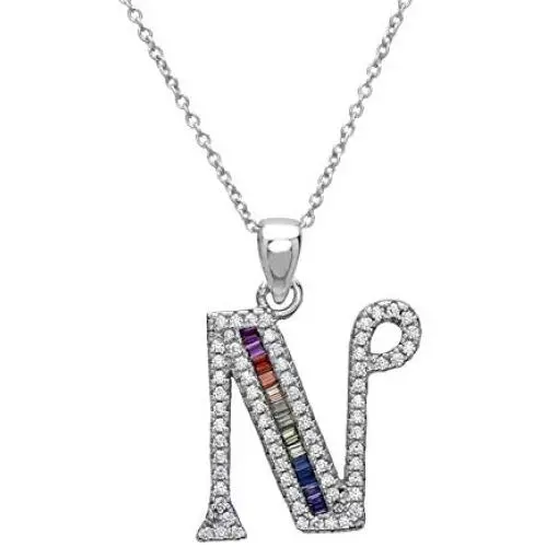Pori Jewelers Sterling Silver Baguette and Round-Cut Crystal Initial Pendant Necklace