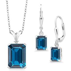 Gem Stone King 925 Sterling Silver London Blue Topaz Pendant Earrings Set, 13.49 Ct Emerald Cut with 18 Inch Chain