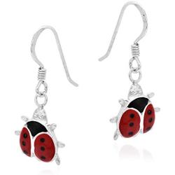 Adorable Little Red Lady Bug .925 Sterling Silver Dangle Earrings