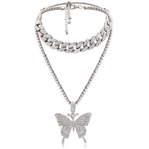 Cuban Link Butterfly Pendant Necklace - Womens Hip Hop Iced Out Choker Chain with Bling Rhinestones, Fashion Accessory for Girls