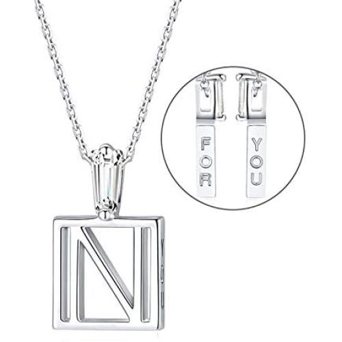 SISMIURRA For You Square Initial Pendant Necklace 18K White Gold Plated Cubic Zirconia A-Z Letter Charm Necklace Minimalist Personalized Gift for Women
