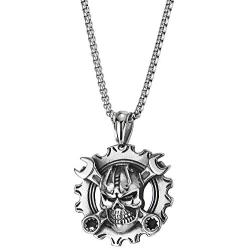 COOLSTEELANDBEYOND Mens Steel Vintage Mechanic Wrench Gear Wheel Skull Pendant Necklace 30 in Wheat Chain Biker Gothic