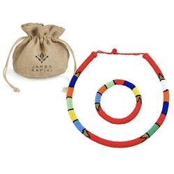 Handmade African red bead necklace set with bracelet and gift bag, ethnic bohemian necklace with matching bracelet in red. Beadwork jewellery gift for women and girls. Handwoven African jewelry