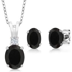Gem Stone King 925 Sterling Silver Black Onyx Pendant Earrings Set For Women (2.50 Ct Oval with 18 Inch Silver Chain)