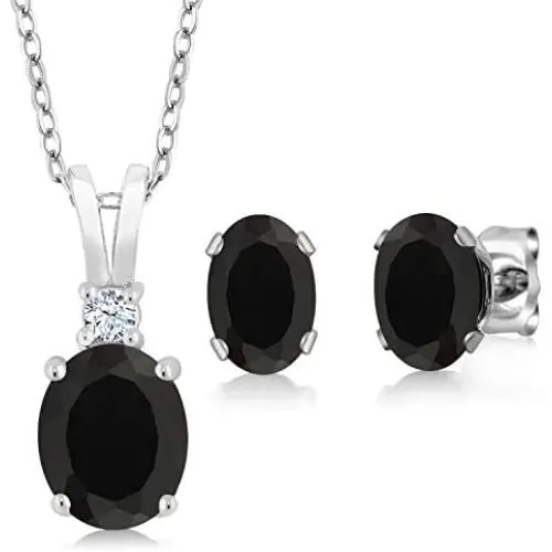 Gem Stone King 925 Sterling Silver Black Onyx Pendant Earrings Set For Women (2.50 Ct Oval with 18 Inch Silver Chain)