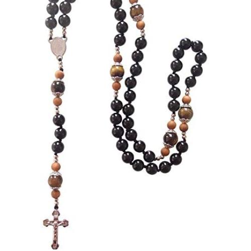 Sundysh Rosary Catholic Prayer Beads Necklace for Men Boy,Holy Black Gemstone Rosaries Chain,No Breaking Rosario Steel Crucifix Cross Christian Gift Jewelry