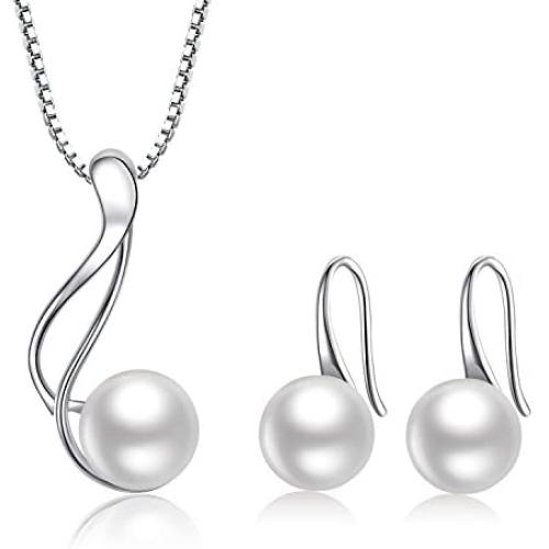 OneSight Sterling Silver Freshwater Cultured Pearl Jewelry Necklace Earrings Set for Women (White Pearl Or Black Pearl)