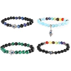 Lava Stone Beads Bracelets, Adjustable Evil Eye Jewelry (4 Pack)