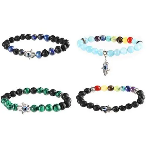 Lava Stone Beads Bracelets, Adjustable Evil Eye Jewelry (4 Pack)