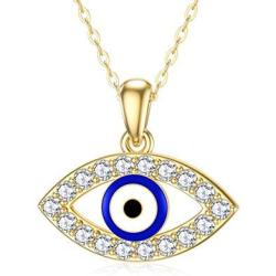 Blocaci 14K Yellow Gold Evil Eye Necklaces for Women Girls White/Blue Eye with Moissanite Evil Eye Pendant for Wife Grilfriend Daughter, 16+1+1 inch