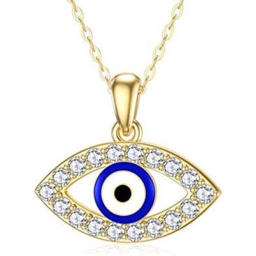 Blocaci 14K Yellow Gold Evil Eye Necklaces for Women Girls White/Blue Eye with Moissanite Evil Eye Pendant for Wife Grilfriend Daughter, 16+1+1 inch