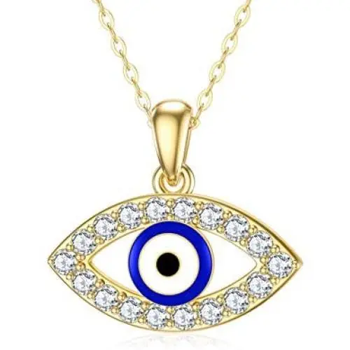 Blocaci 14K Yellow Gold Evil Eye Necklaces for Women Girls White/Blue Eye with Moissanite Evil Eye Pendant for Wife Grilfriend Daughter, 16+1+1 inch