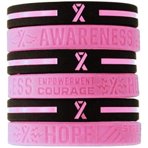 (6-pack) Breast Cancer Awareness Pink Ribbon Bracelets - Bulk Pack of 6 Silicone Rubber Wristbands to Symbolize Hope, Courage, Strength, and Support - Breast Cancer Gifts Jewelry Apparel Accessories