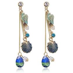 DAMLENG Sparkly Bohemia Long Tassel Blue Ocean Shell Dangle Earrings Shine Rhinestone Scallop Beach Earrings for Women Girls Charm Statement Colorful Crystal Jewelry